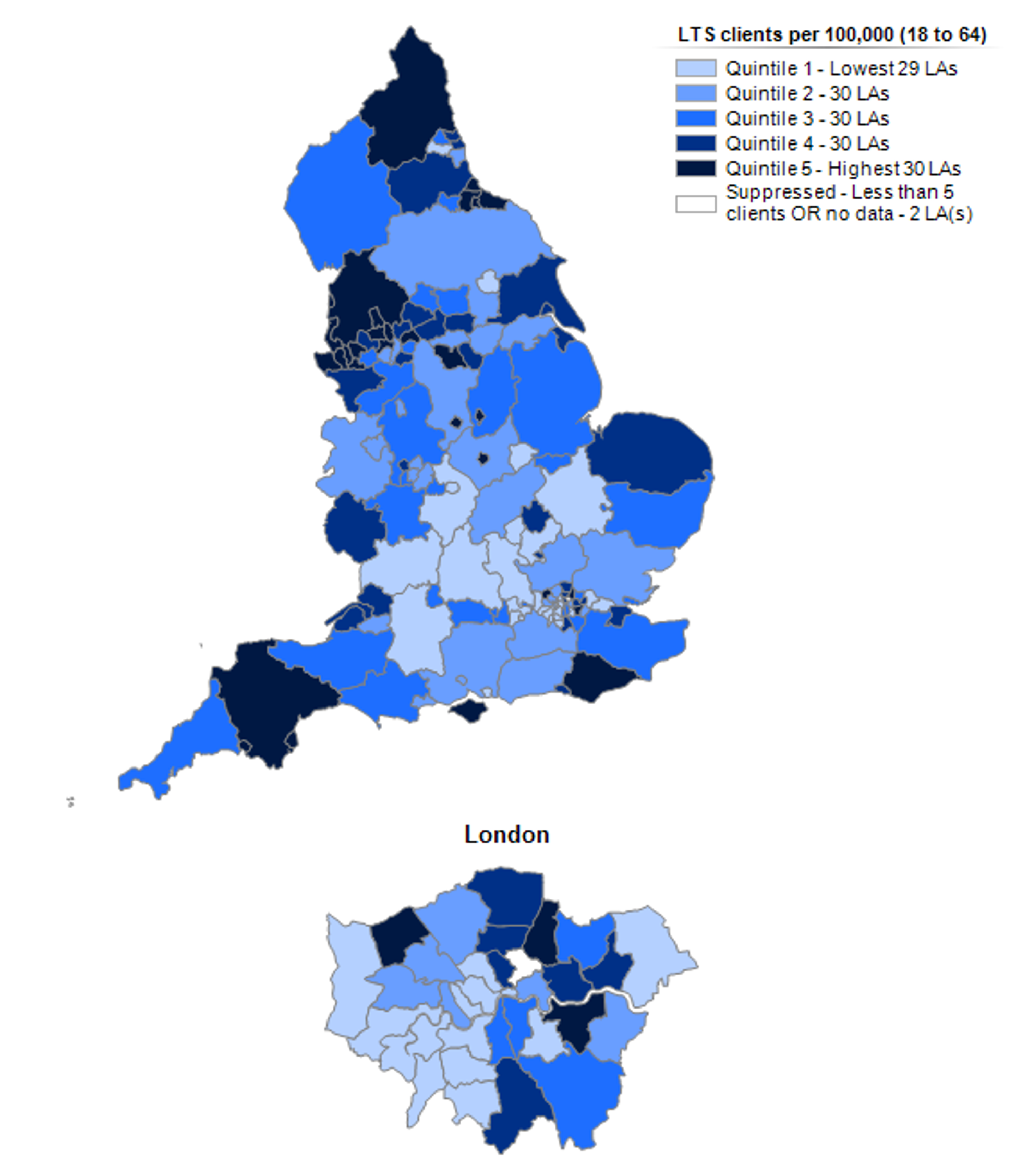 Map showing the number of clients accessing long term support during the year per 100,000 adults, by local authority for those aged 18-64
