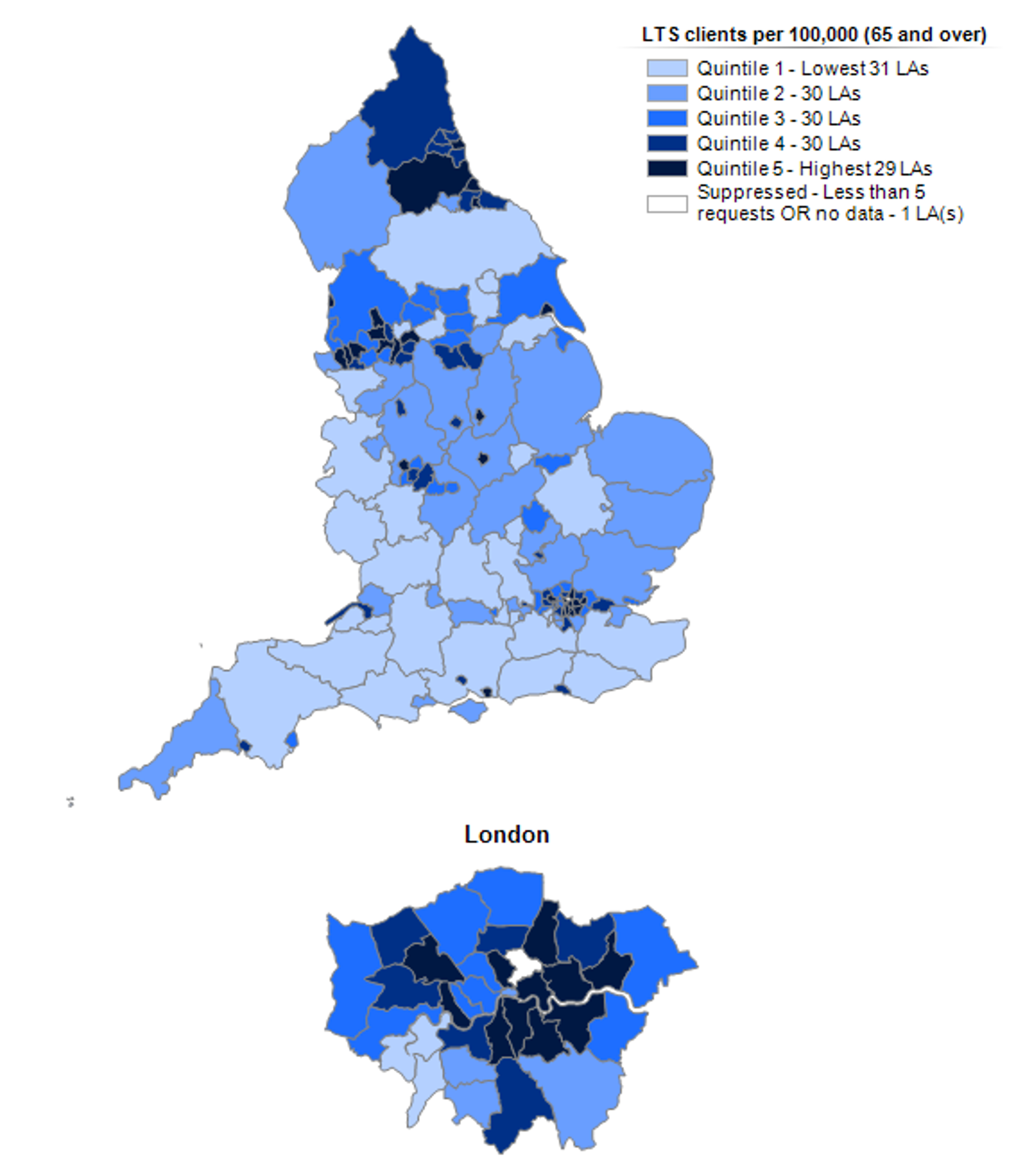 Map showing the number of clients accessing long term support during the year per 100,000 adults, by local authority for those aged 65 and over