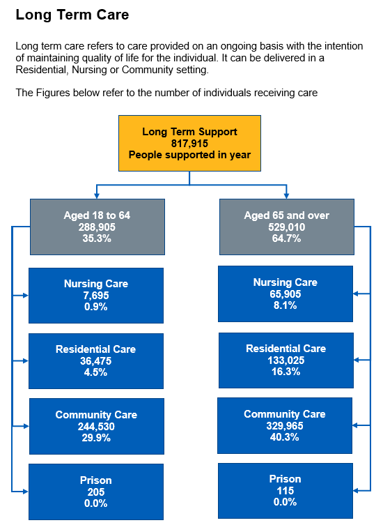 Flow chart showing the number of individuals receiving Long term care in the year by support setting