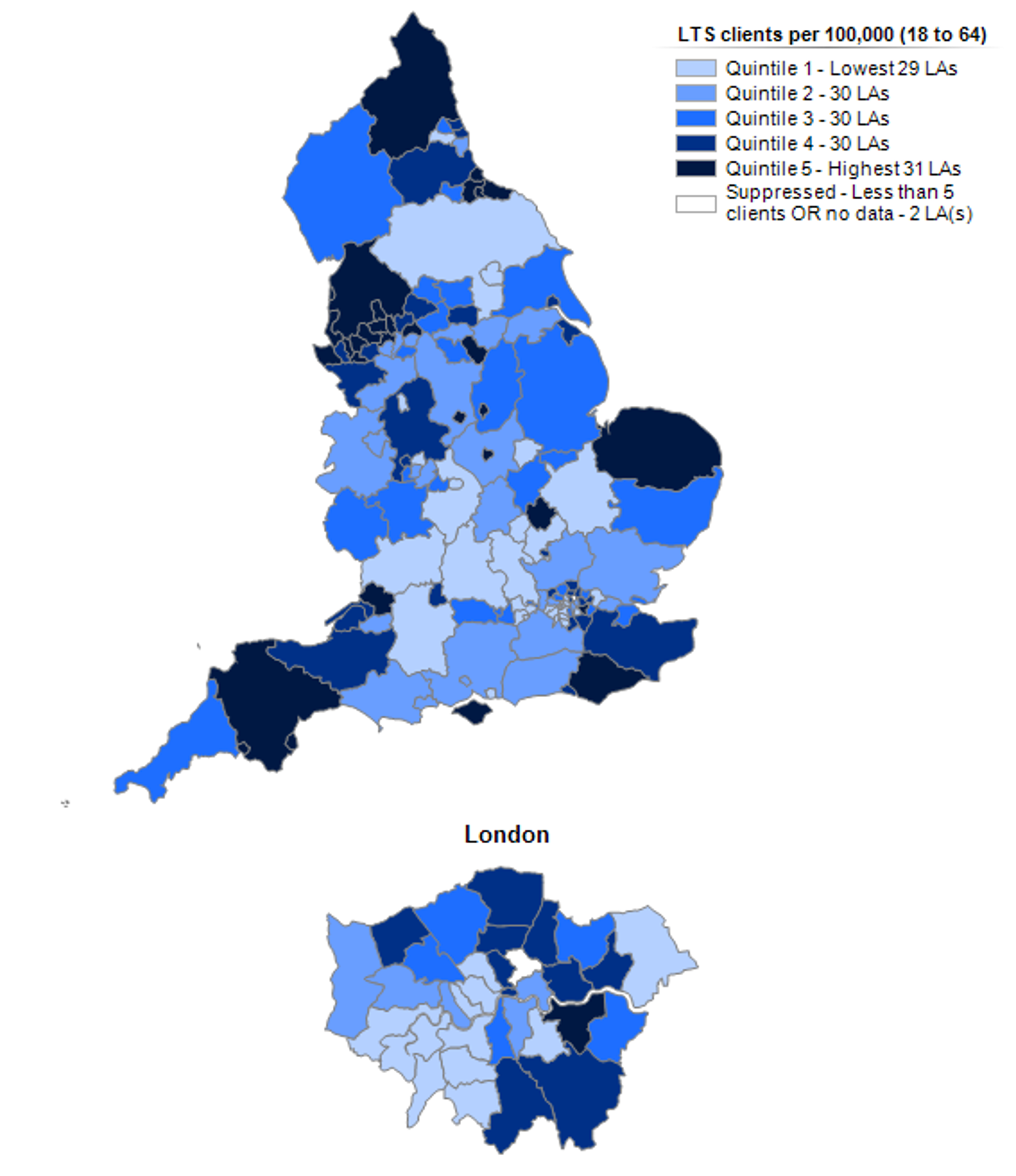 Map showing the number of clients accessing long term support during the year per 100,000 adults, by local authority for those aged 18-64