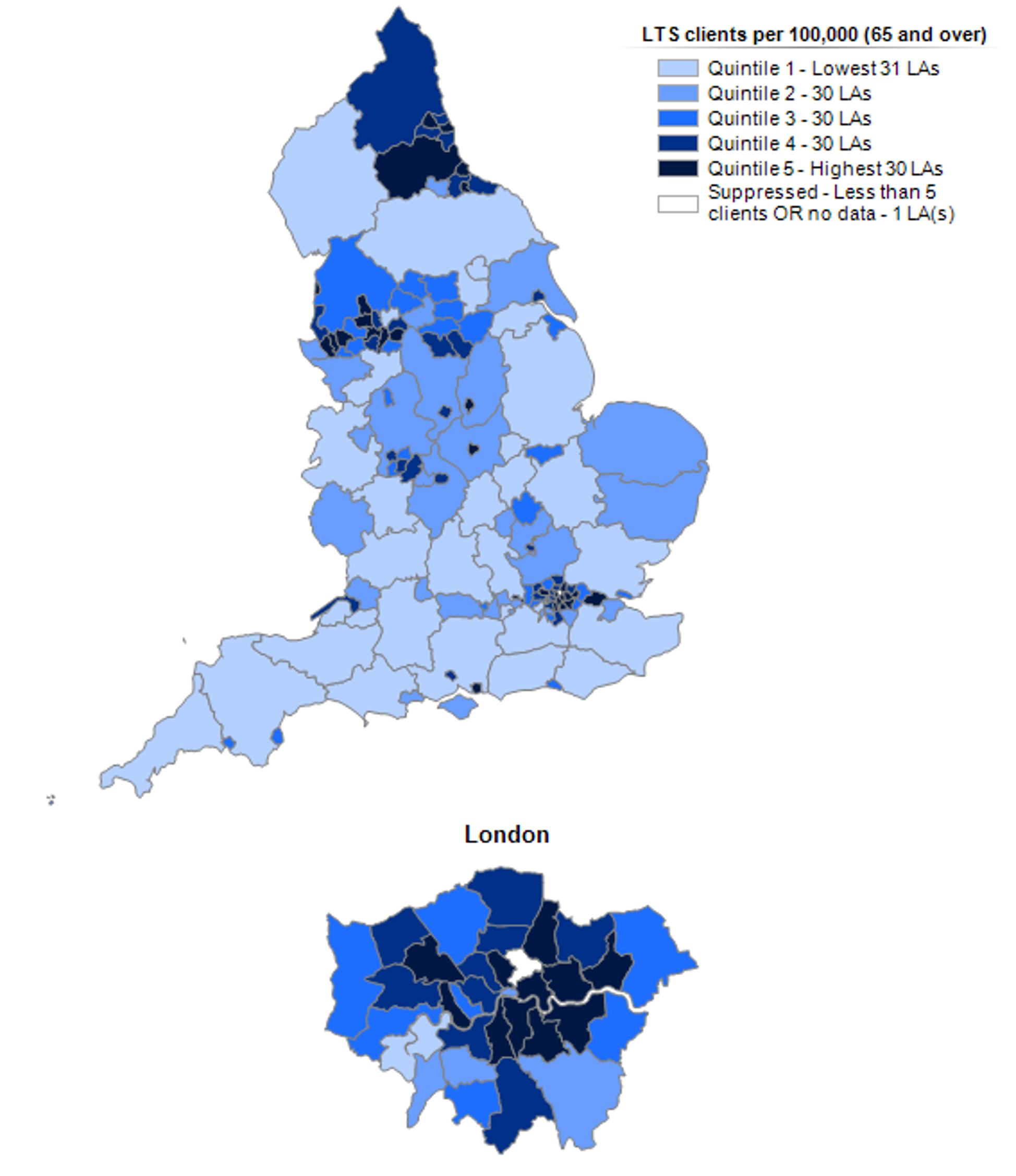Map showing the number of clients accessing long term support during the year per 100,000 adults, by local authority for those aged 65 and over