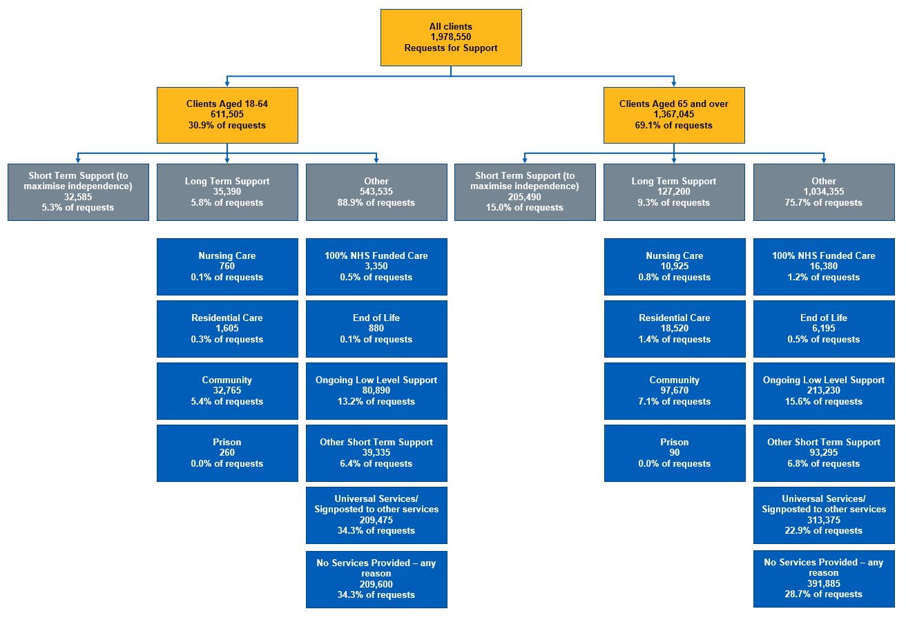 Flow chart showing the number of requests for support by age bang, and sequel to the request