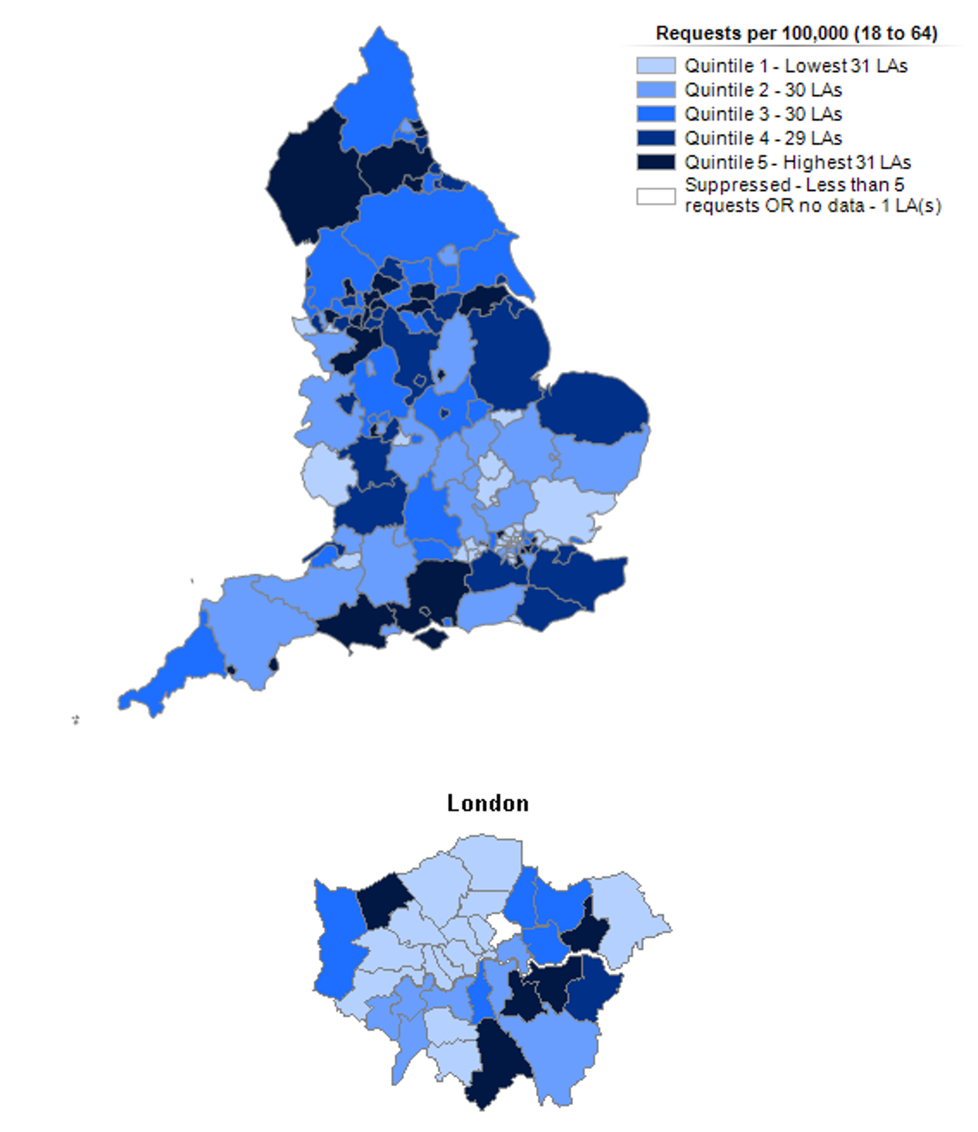 Map showing the number of requests for support per 100,000 adults, by local authority for clients aged 18-64