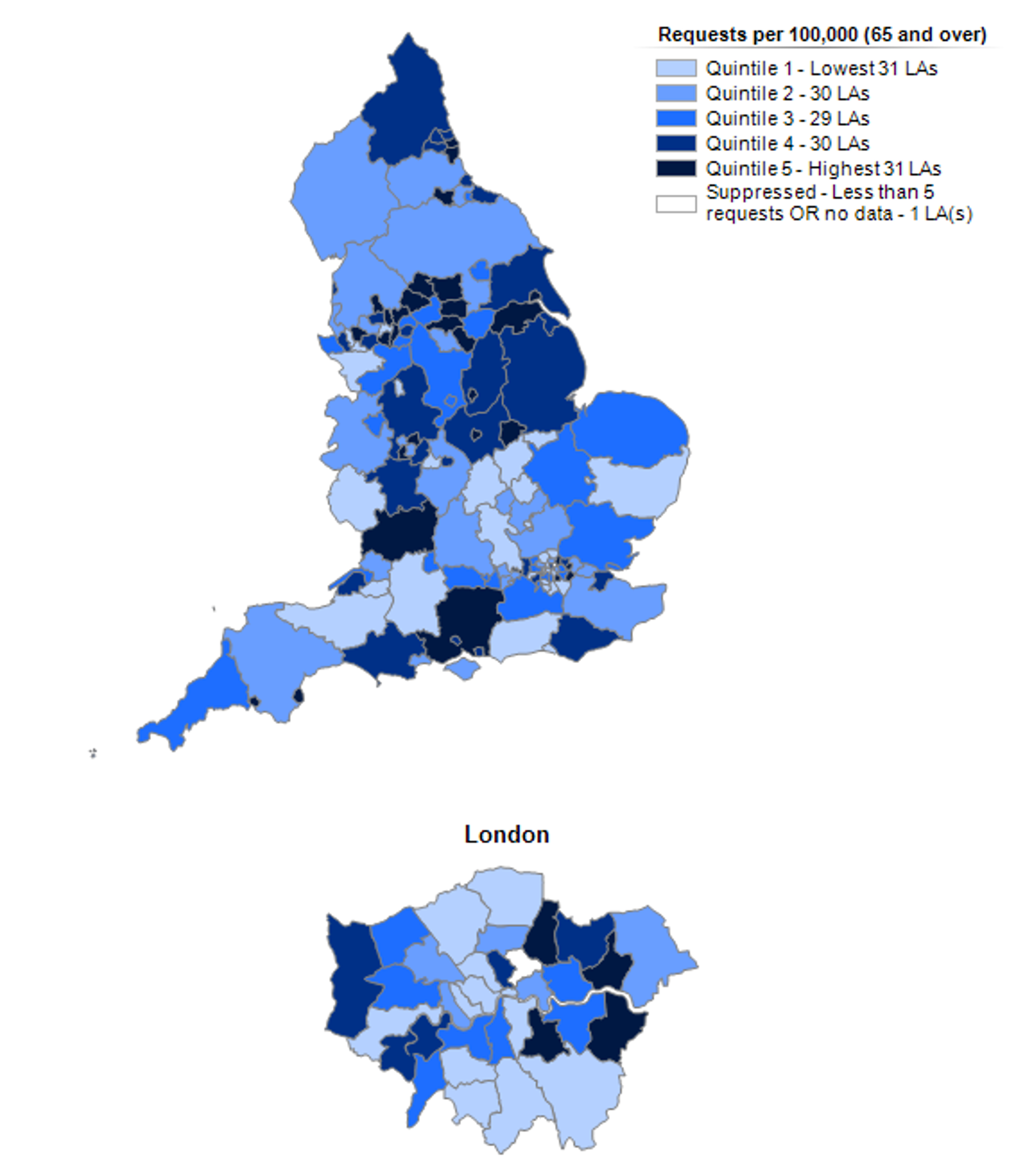 Map showing the number of requests for support per 100,000 adults, by local authority for clients aged 65 and over