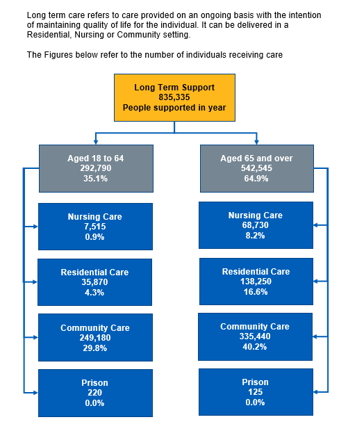 Flow chart showing the number of individuals receiving Long term care in the year by support setting