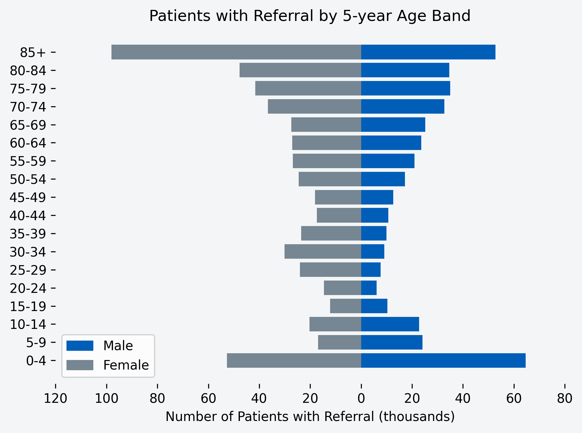Chart to show number of patients with a referral for the month, by age band and gender