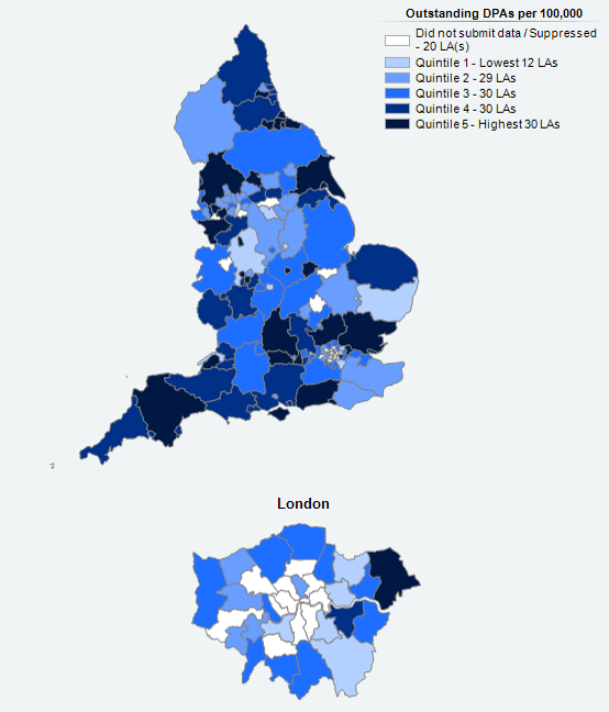 Outstanding DPAs at 31 March 2021 per 100,000 adult population, by local authority