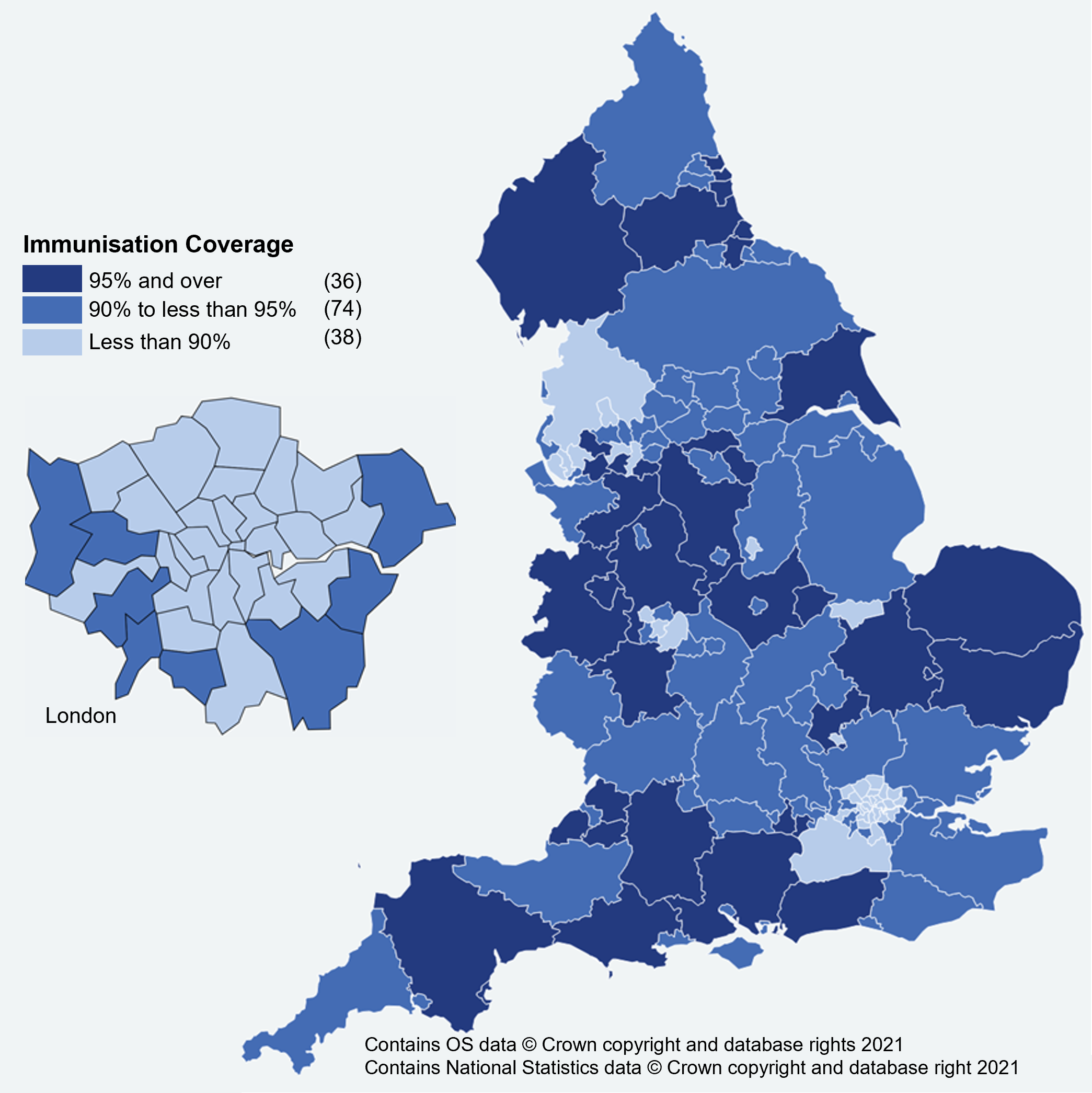 Map chart showing Upper tier local authority (LA) coverage at 12 months