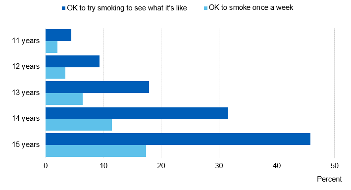 Image showing pupils’ attitudes towards smoking by people of their same age, by age