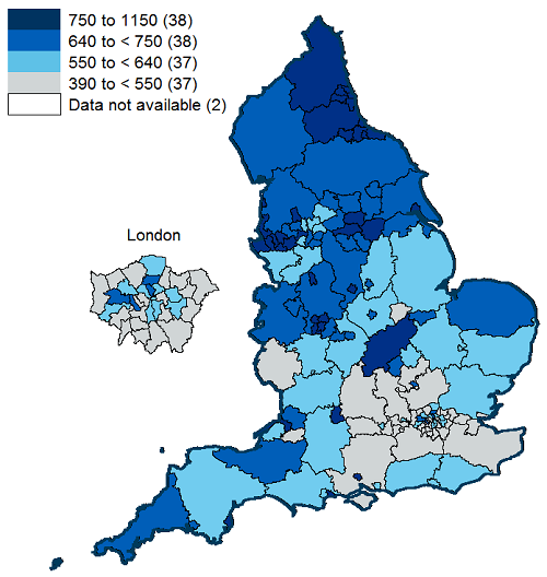 Map of England showing alcohol-related hospital admissions (narrow measure) per 100,000 population