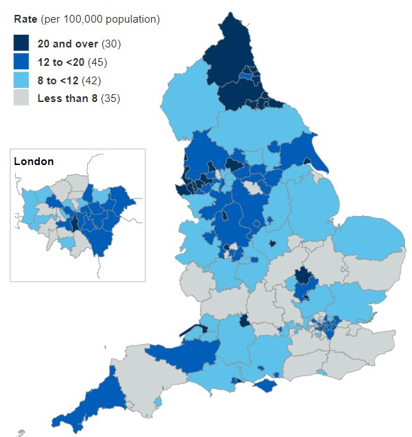 Map showing admission rates for drug related mental and behavioural disorders, by Local Authority (per 100,000 population)