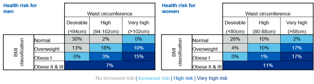 Table showing distribution of health risk classification for adults