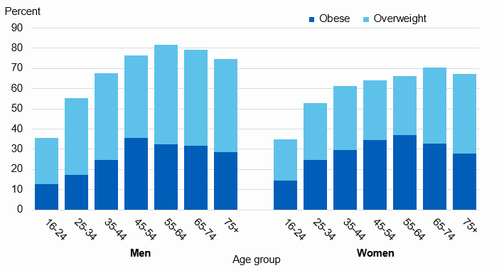 Chart showing adult overweight and obesity prevalence by age