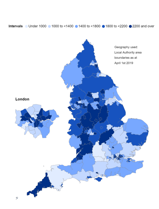 Map showing admissions per 100,000 population by LA