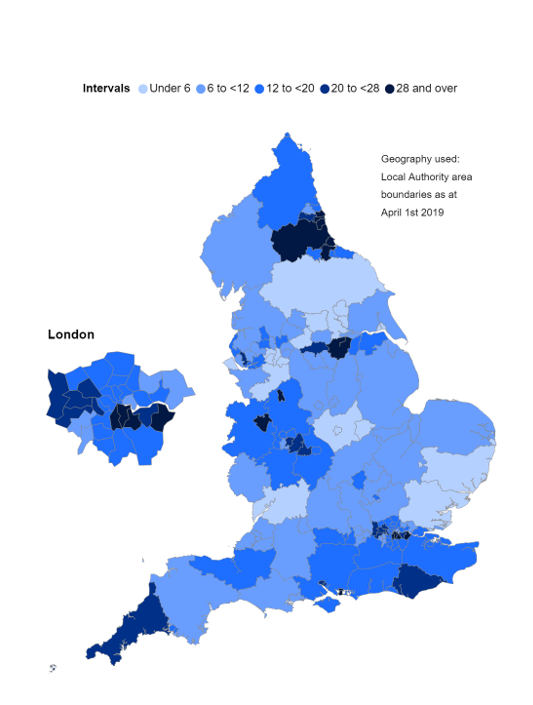 Map showing admissions per 100,000 population by LA