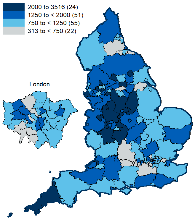 Map showing admissions per 100,000 population by LA