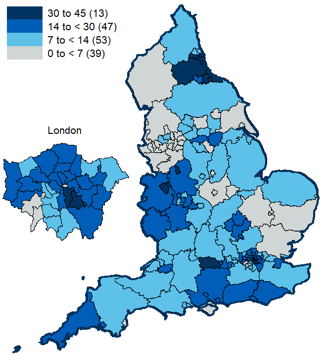 Map showing admissions per 100,000 population by LA