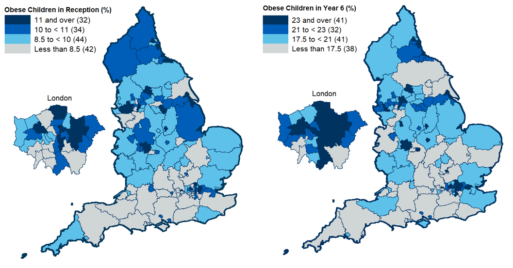 Maps showing obesity prevalence by Local Authority for reception year and year 6