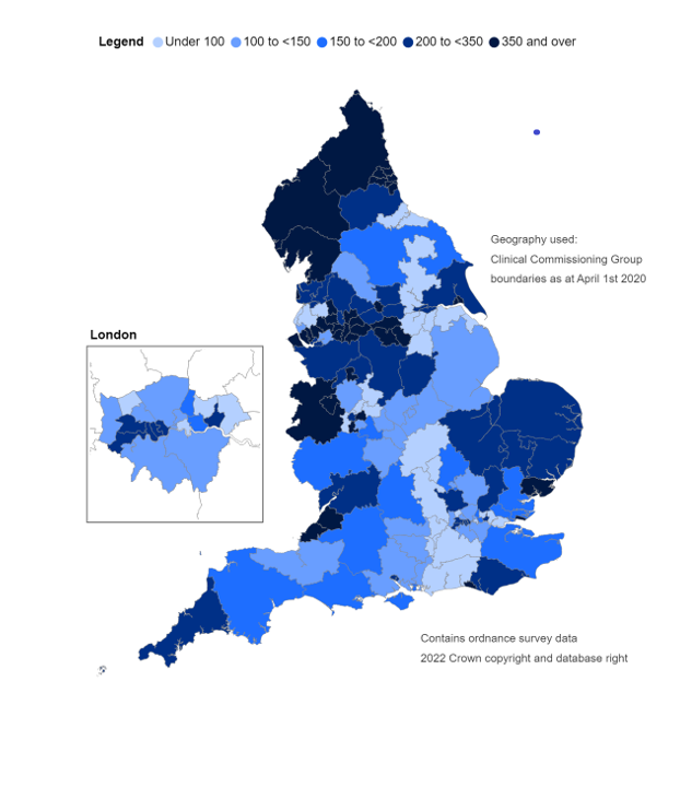 Map showing the rate of prescription items dispensed to treat alcohol dependence by CCG, per 100,000 population