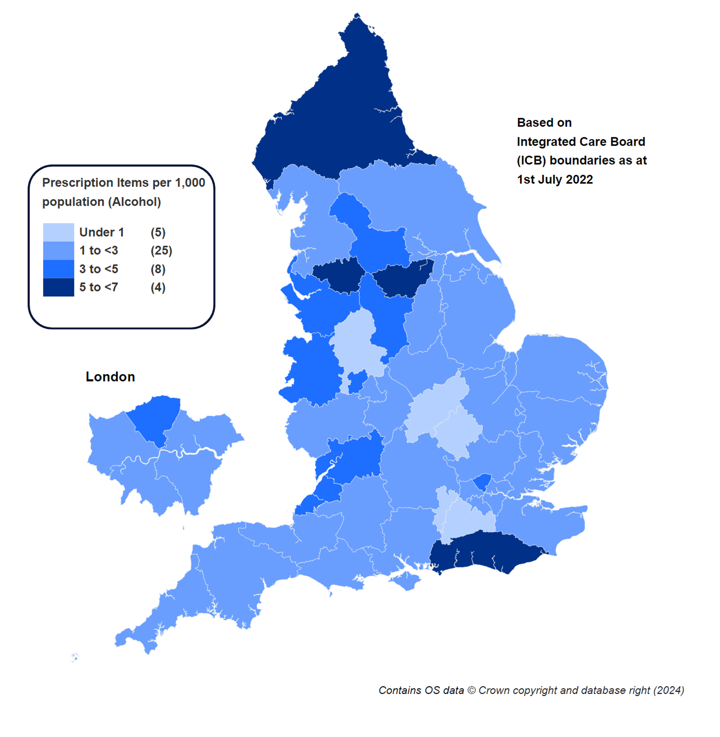Map showing the rate of prescription items dispensed to treat alcohol dependence by ICB, per 1,000 population