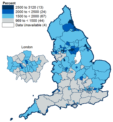 Map showing hospital admissions estimated to be attributable to smoking by Local Authority - rate per 100,000 population