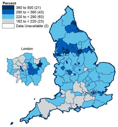 Map showing deaths estimated to be attributable to smoking by Local Authority - rate per 100,000 population