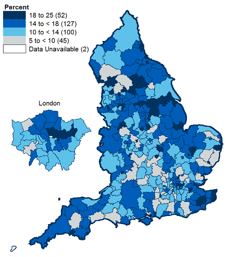 Map showing smoking prevalence in England by Local Authority