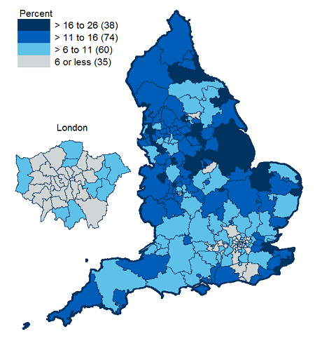 Map showing smoking prevalence, by Clinical Commissioning Group (CCG)