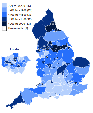 Map showing hospital admissions estimated to be attributable to smoking by Local Authority - rate per 100,000 population