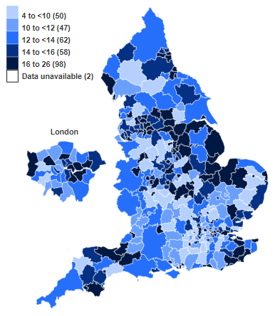 Map showing smoking prevalence in England by Local Authority