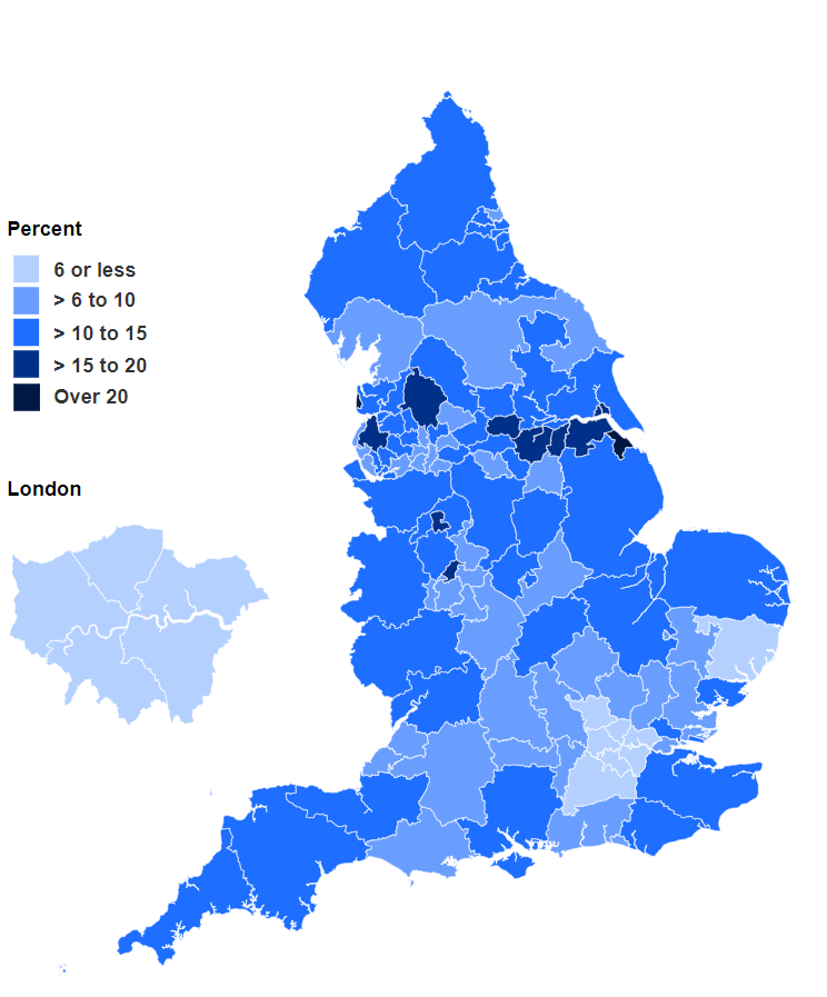 Map showing percentage of women smoking at time of delivery in Q4 2021-22 by CCG