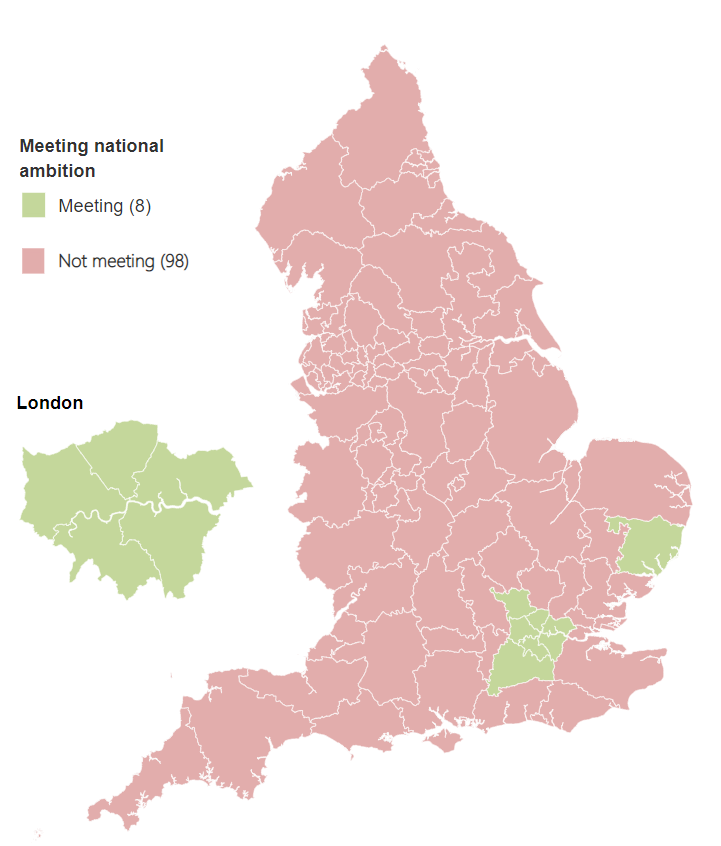 Map showing whether CCGs have met the national ambition of 6% in quarter 4 2021-22