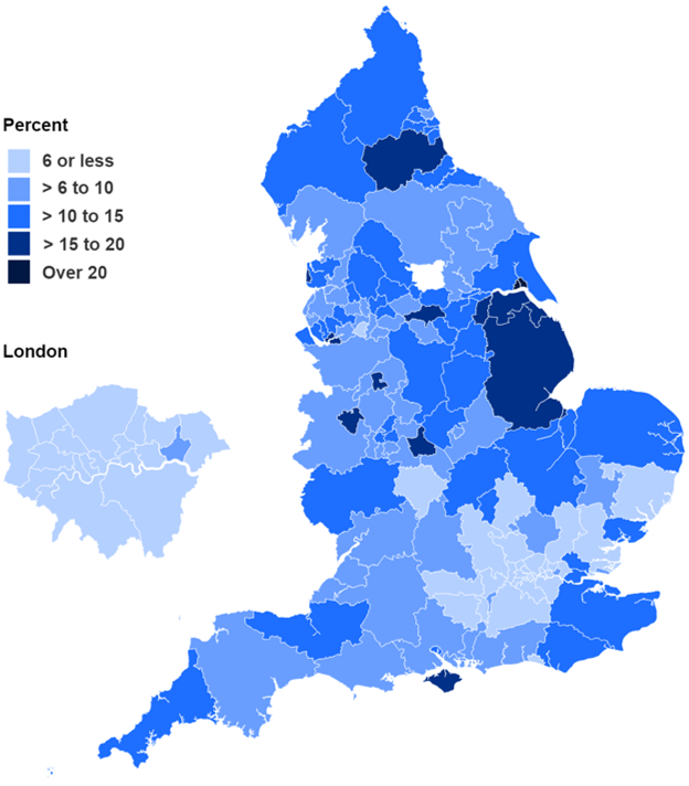 Map showing percentage of women smoking at time of delivery in Q4 2020-21 by CCG