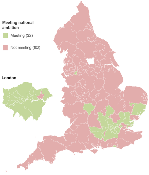 Map showing whether CCGs have met the national ambition of 6% in quarter 4 2020/21