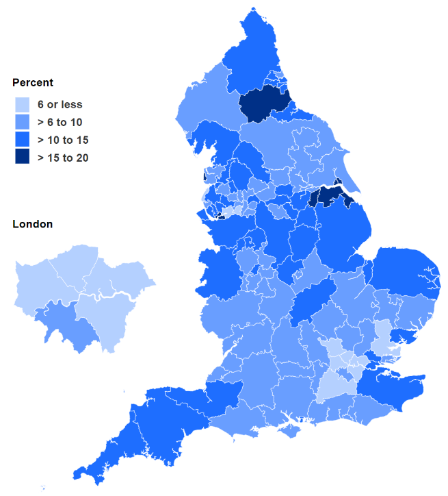 Map showing percentage of women smoking at time of delivery in Q1 2022-23 by Sub-ICB