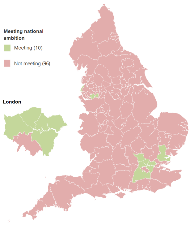 Map showing whether Sub-ICBs have met the national ambition of 6% in quarter 1 2022-23