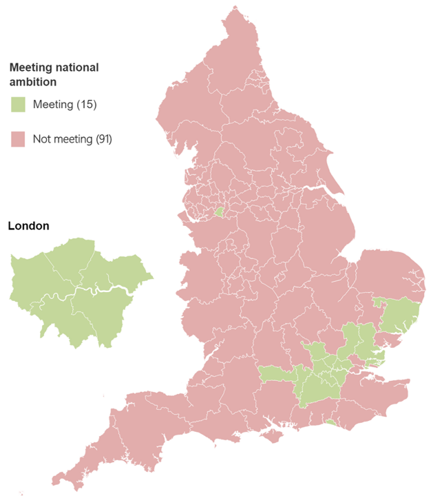 Map showing whether CCGs have met the national ambition of 6% in quarter 2 2021-22