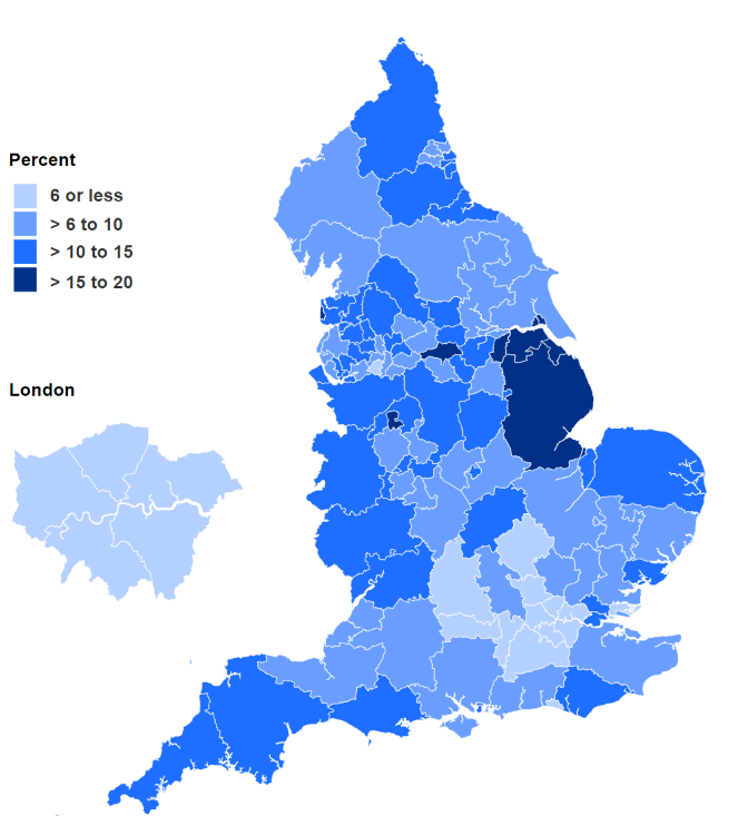 Map showing percentage of women smoking at time of delivery in Q3 2021-22 by CCG