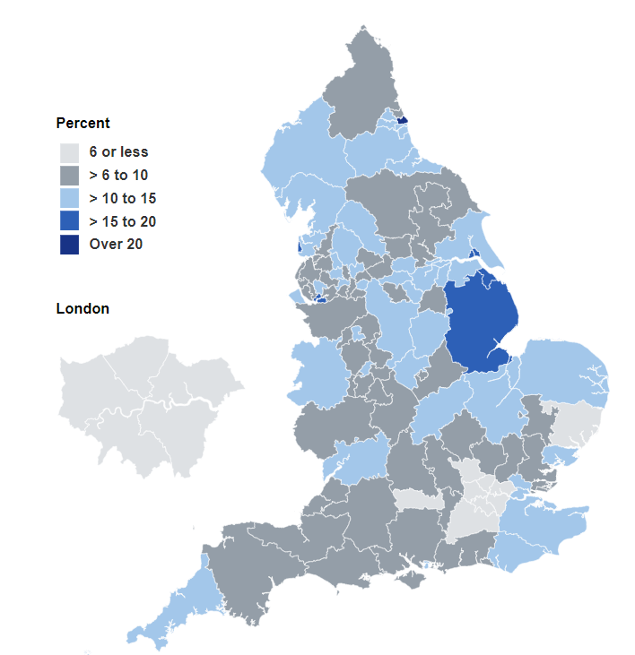 Map showing percentage of women smoking at time of delivery in Q3 2022-23 by Sub-ICB