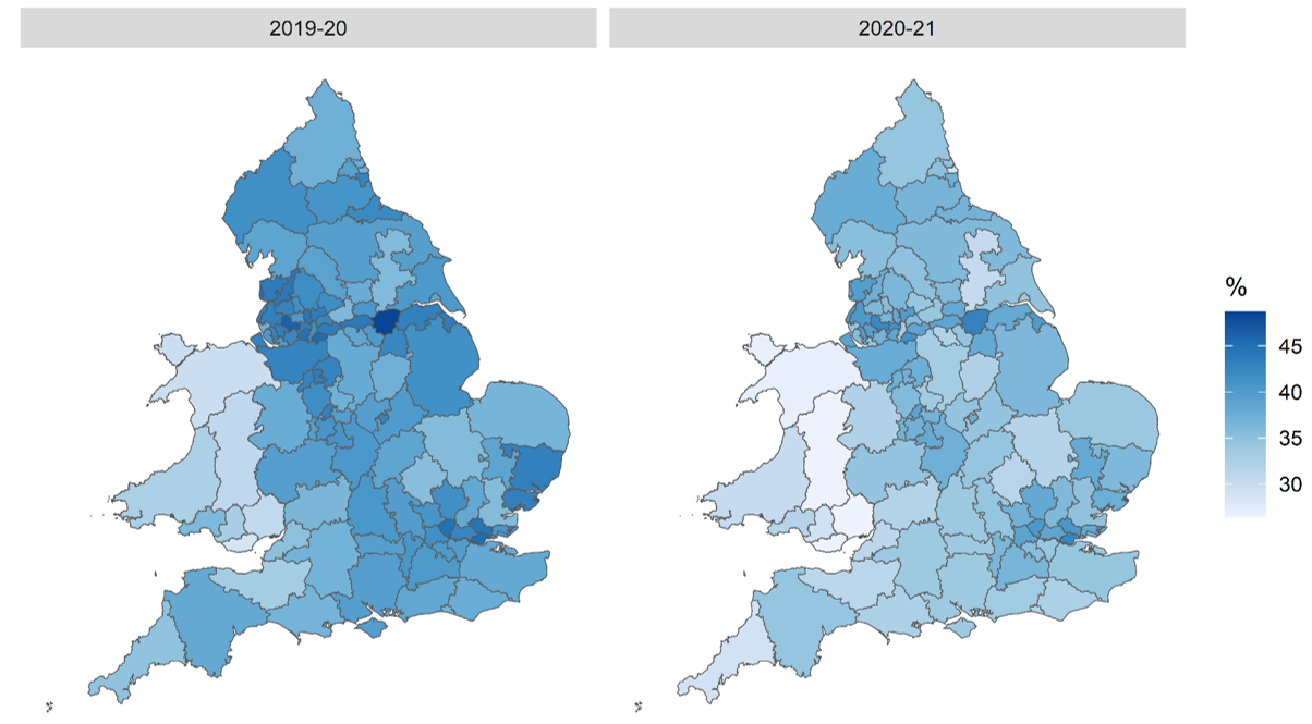 2 maps showing The range of CCG/LHB three treatment target achievement for people with type 2 and other diabetes, England and Wales, 2019-20 and 2020-21