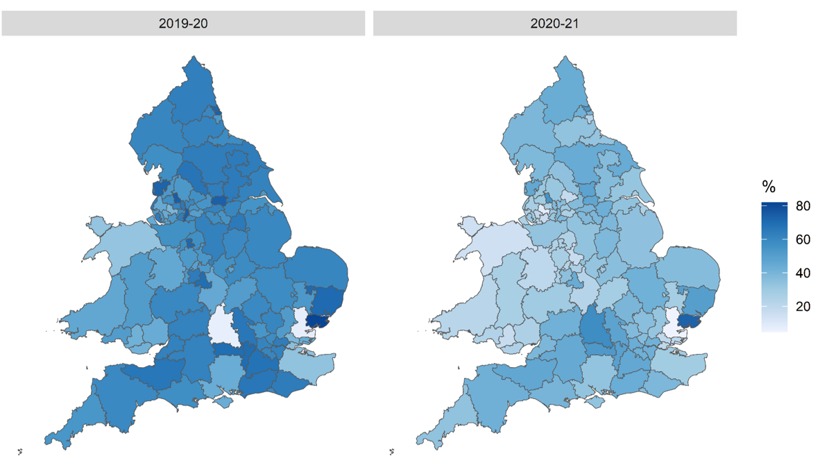 2 maps of England and Wales showing The range of CCG/LHB 8 care process completion1 for people with type 2 and other diabetes, England and Wales, 2019-20 and 2020-21