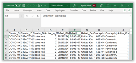 screen shot of data set excel spread sheet