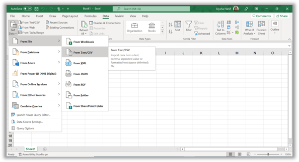 Excel file with get and transform data from text CSV screen