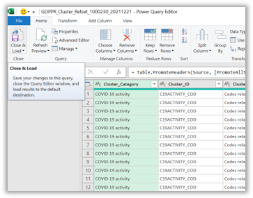 excel screen with close and load highlighted