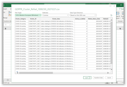 GPPDR excel spreadsheet with transform data highlighted
