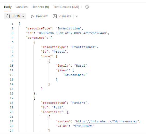 Example JSON response from a Read GET request showing the full details of a single immunisation event returned by the API