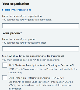 Section for adding organisation and product details
