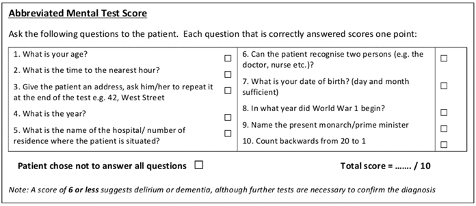 Screenshot of abbreviated mental test score