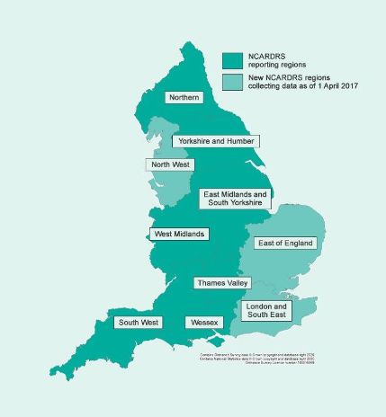 Screenshot of map of NCARDRS reporting regions in England 2019