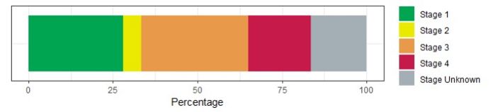 Screenshot of stage at diagnosis of ovary, fallopian tube and primary peritoneal carcinomas in England, 2015 to 2017 (Source: CAS AV1906)